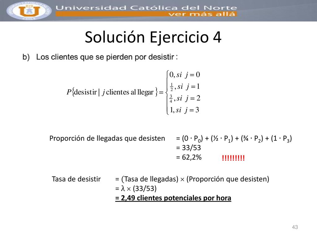 Solución Ejercicio 4 Proporción de llegadas que desisten = (0 ∙ P0) + (½ ∙ P1) + (¾ ∙ P2) + (1 ∙ P3)