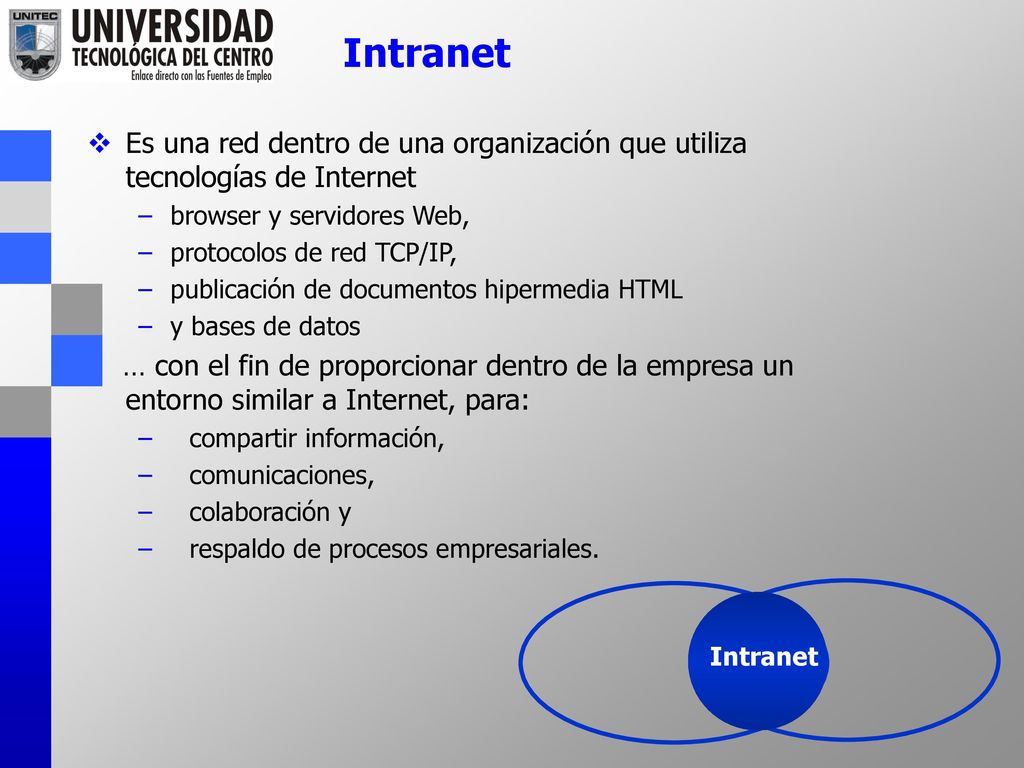 Intranet Es una red dentro de una organización que utiliza tecnologías de Internet. browser y servidores Web,
