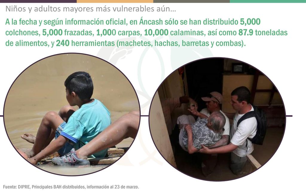 Niños y adultos mayores más vulnerables aún… A la fecha y según información oficial, en Áncash sólo se han distribuido 5,000 colchones, 5,000 frazadas, 1,000 carpas, 10,000 calaminas, así como 87.9 toneladas de alimentos, y 240 herramientas (machetes, hachas, barretas y combas).