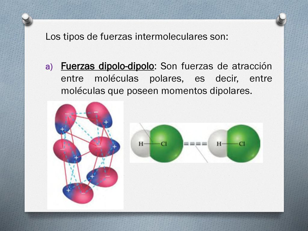 Los tipos de fuerzas intermoleculares son:
