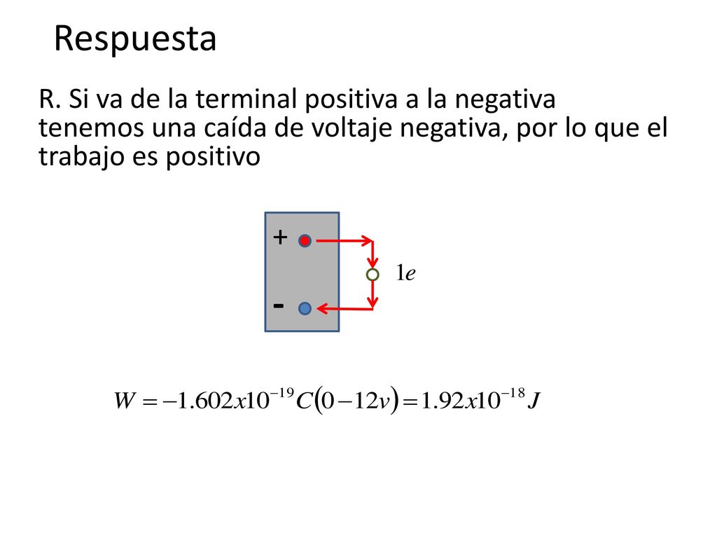 Respuesta R. Si va de la terminal positiva a la negativa tenemos una caída de voltaje negativa, por lo que el trabajo es positivo.
