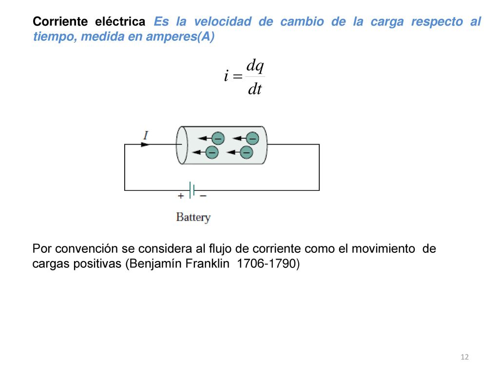 Corriente eléctrica Es la velocidad de cambio de la carga respecto al tiempo, medida en amperes(A)