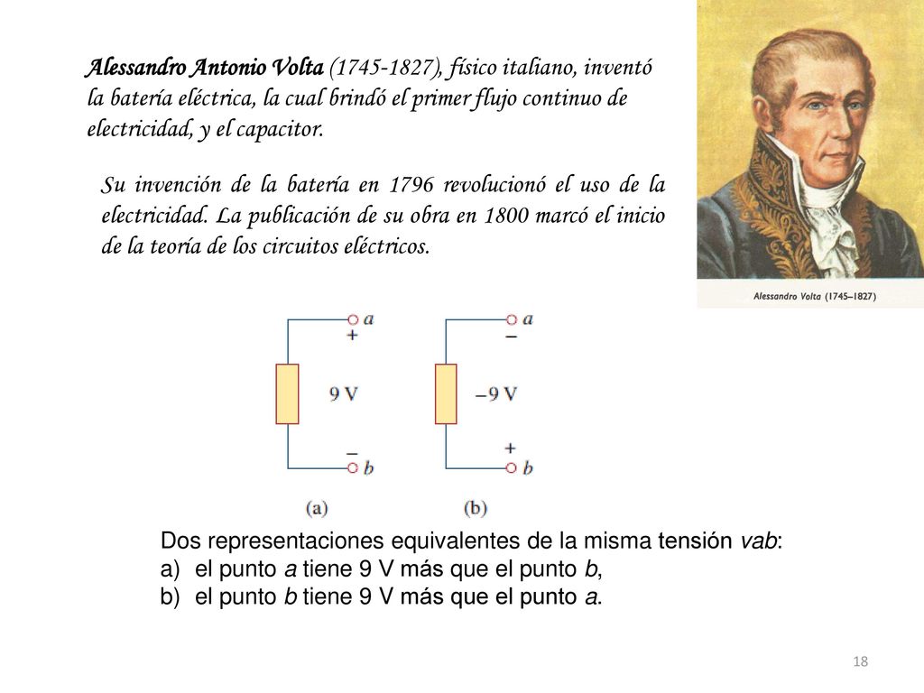 Alessandro Antonio Volta ( ), físico italiano, inventó la batería eléctrica, la cual brindó el primer flujo continuo de electricidad, y el capacitor.