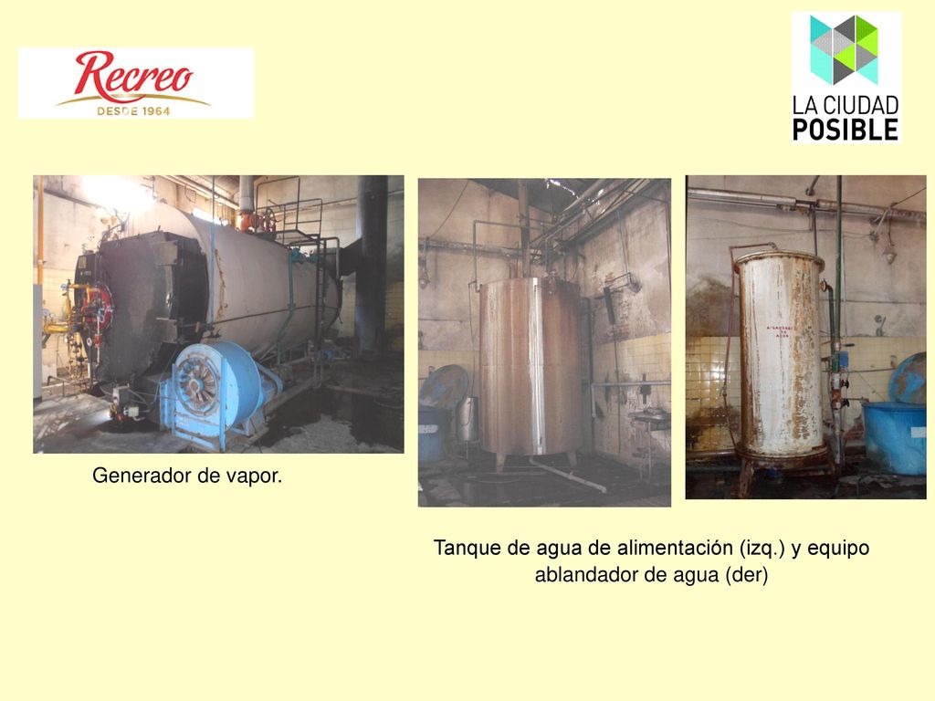 Generador de vapor. Tanque de agua de alimentación (izq.) y equipo ablandador de agua (der)