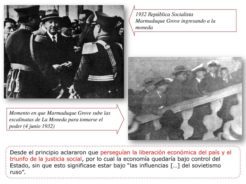 1932 República Socialista Marmaduque Grove ingresando a la moneda.