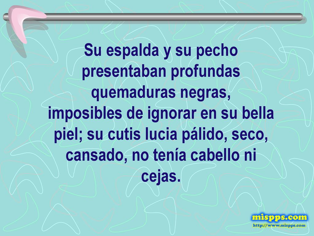 Su espalda y su pecho presentaban profundas quemaduras negras, imposibles de ignorar en su bella piel; su cutis lucia pálido, seco, cansado, no tenía cabello ni cejas.