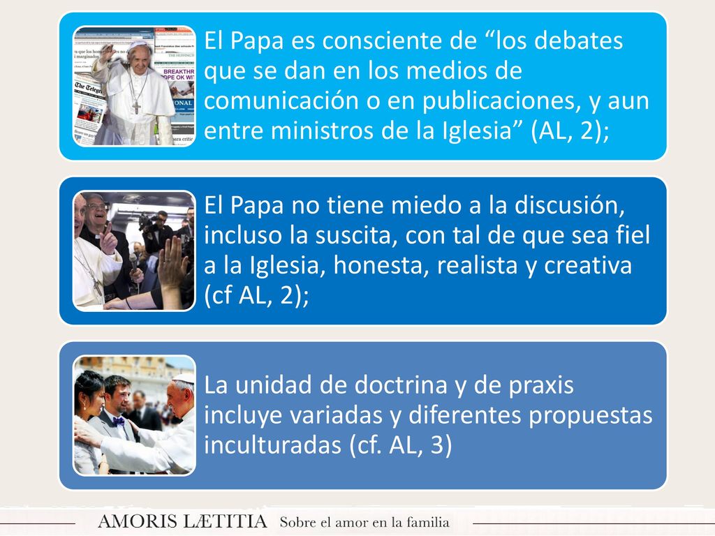 El Papa es consciente de los debates que se dan en los medios de comunicación o en publicaciones, y aun entre ministros de la Iglesia (AL, 2);