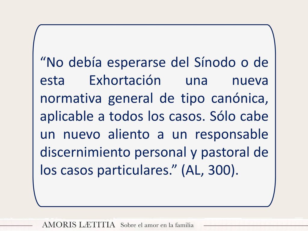 No debía esperarse del Sínodo o de esta Exhortación una nueva normativa general de tipo canónica, aplicable a todos los casos.