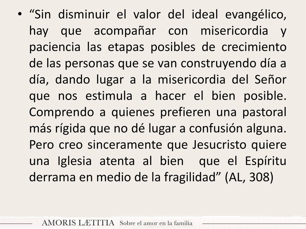 Sin disminuir el valor del ideal evangélico, hay que acompañar con misericordia y paciencia las etapas posibles de crecimiento de las personas que se van construyendo día a día, dando lugar a la misericordia del Señor que nos estimula a hacer el bien posible.