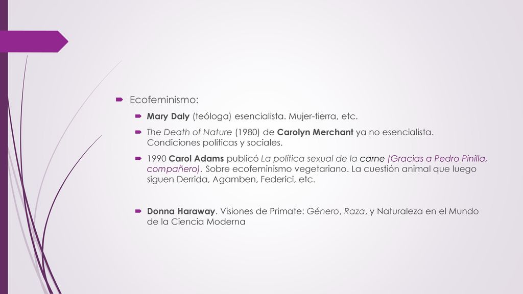 Ecofeminismo: Mary Daly (teóloga) esencialista. Mujer-tierra, etc.