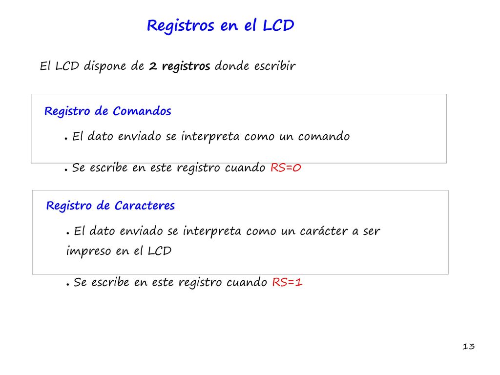 Registros en el LCD El LCD dispone de 2 registros donde escribir