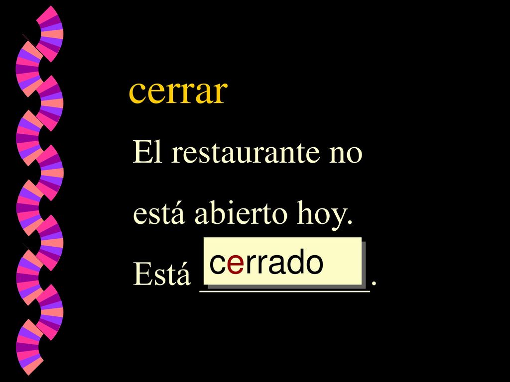 cerrar El restaurante no está abierto hoy. Está __________. cerrado
