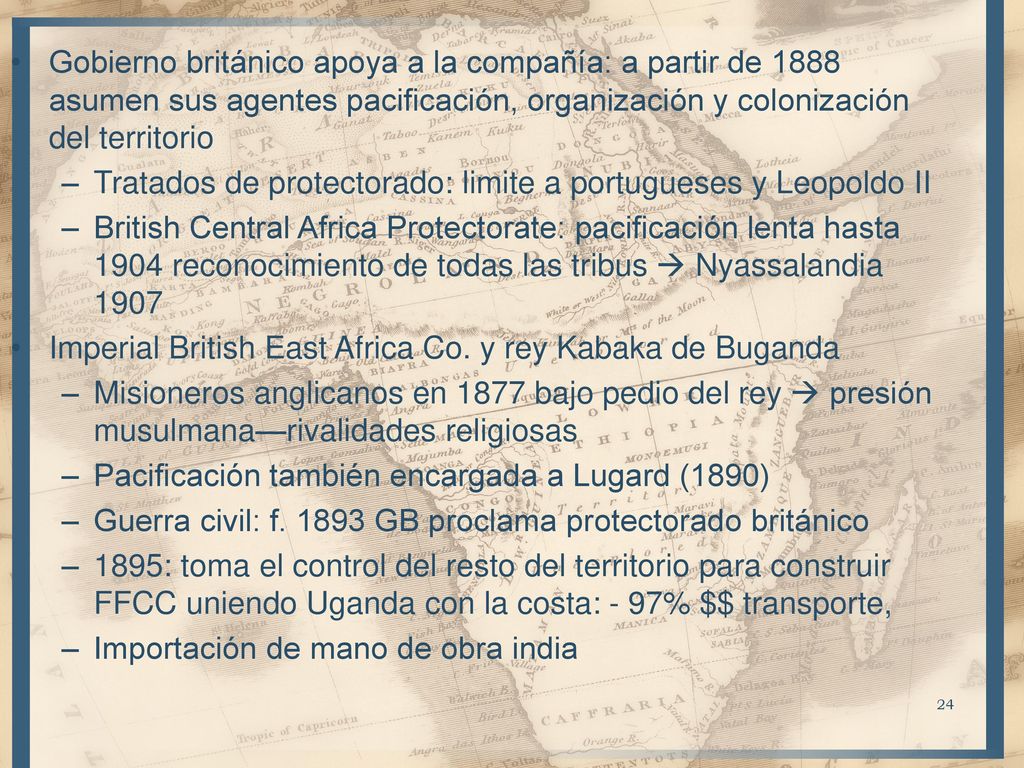 Gobierno británico apoya a la compañía: a partir de 1888 asumen sus agentes pacificación, organización y colonización del territorio