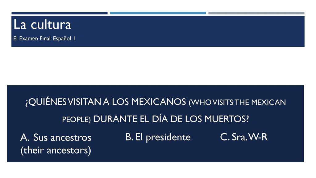 La cultura Sus ancestros B. El presidente C. Sra. W-R