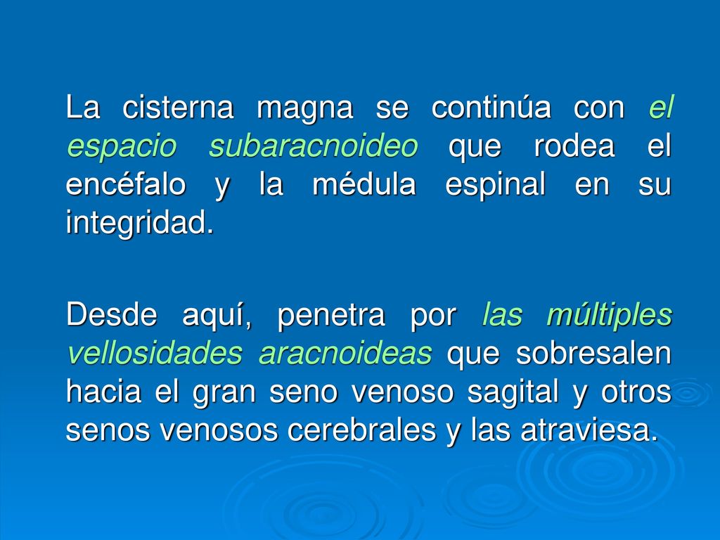 La cisterna magna se continúa con el espacio subaracnoideo que rodea el encéfalo y la médula espinal en su integridad.