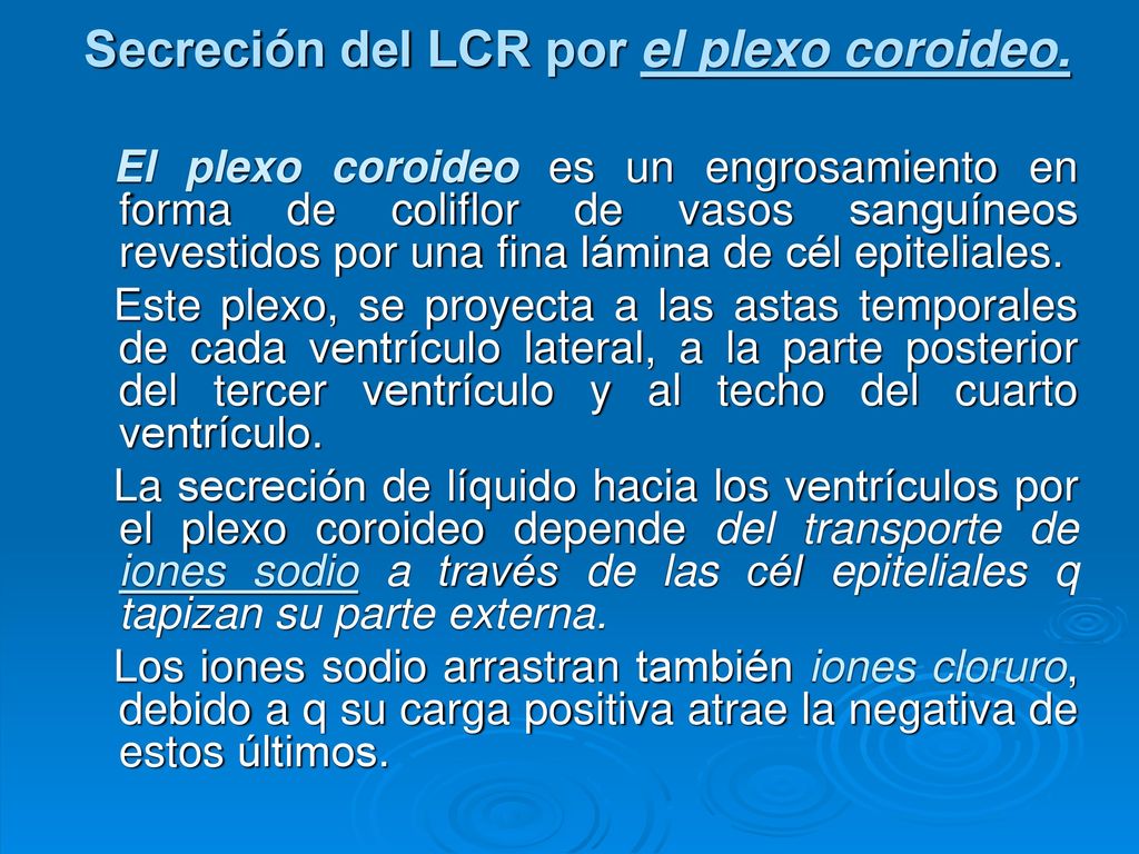 Secreción del LCR por el plexo coroideo.