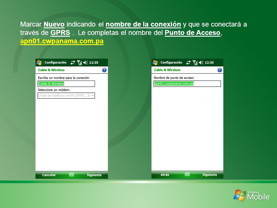 Marcar Nuevo indicando el nombre de la conexión y que se conectará a través de GPRS .