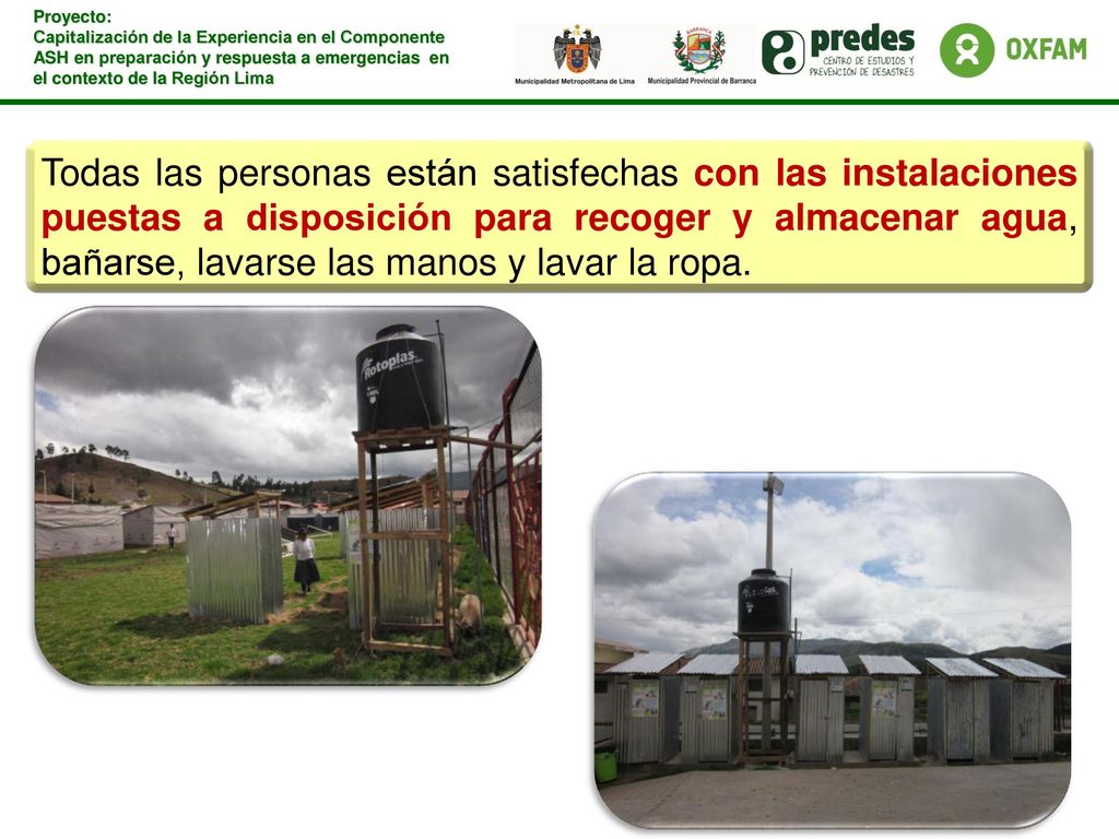 Todas las personas están satisfechas con las instalaciones puestas a disposición para recoger y almacenar agua, bañarse, lavarse las manos y lavar la ropa.