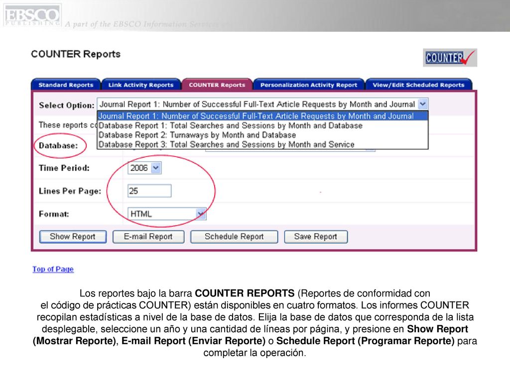 Los reportes bajo la barra COUNTER REPORTS (Reportes de conformidad con el código de prácticas COUNTER) están disponibles en cuatro formatos.