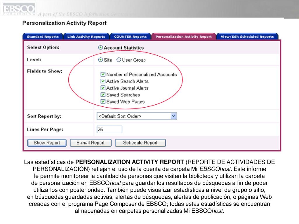 Las estadísticas de PERSONALIZATION ACTIVITY REPORT (REPORTE DE ACTIVIDADES DE PERSONALIZACIÓN) reflejan el uso de la cuenta de carpeta Mi EBSCOhost.