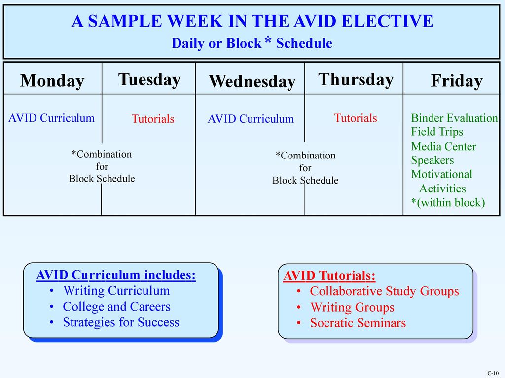 A S A M P L E W E E K I N T H E A V I D E L E C T I V E * Monday T u e