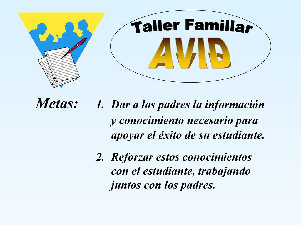 Taller Familiar AVID. Metas: 1. Dar a los padres la información y conocimiento necesario para apoyar el éxito de su estudiante.