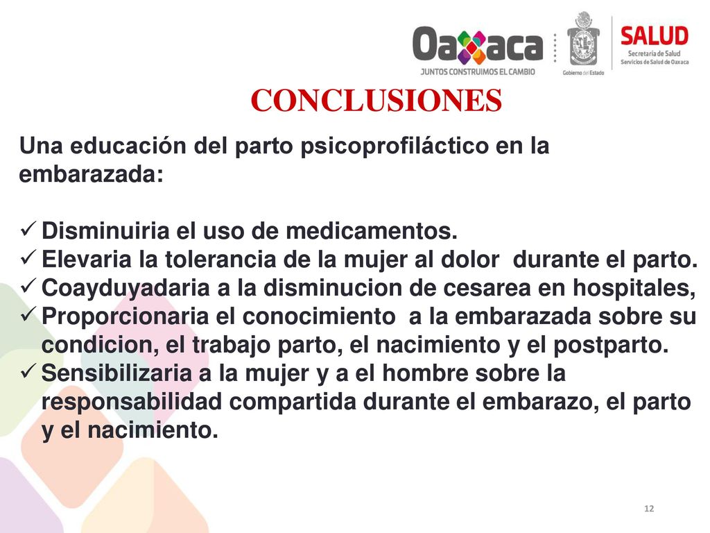 CONCLUSIONES Una educación del parto psicoprofiláctico en la embarazada: Disminuiria el uso de medicamentos.