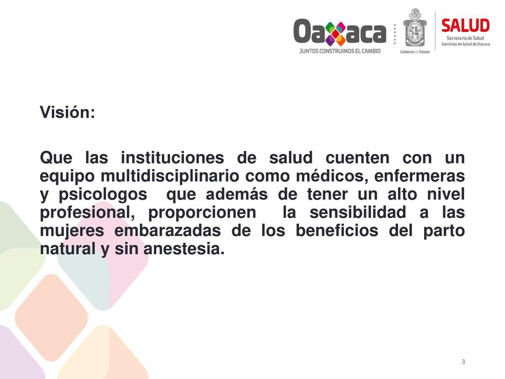 Visión: Que las instituciones de salud cuenten con un equipo multidisciplinario como médicos, enfermeras y psicologos que además de tener un alto nivel profesional, proporcionen la sensibilidad a las mujeres embarazadas de los beneficios del parto natural y sin anestesia.