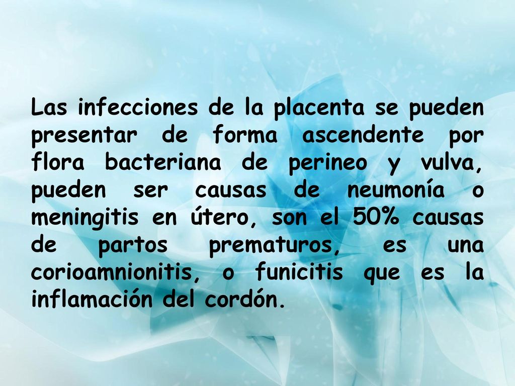 Las infecciones de la placenta se pueden presentar de forma ascendente por flora bacteriana de perineo y vulva, pueden ser causas de neumonía o meningitis en útero, son el 50% causas de partos prematuros, es una corioamnionitis, o funicitis que es la inflamación del cordón.