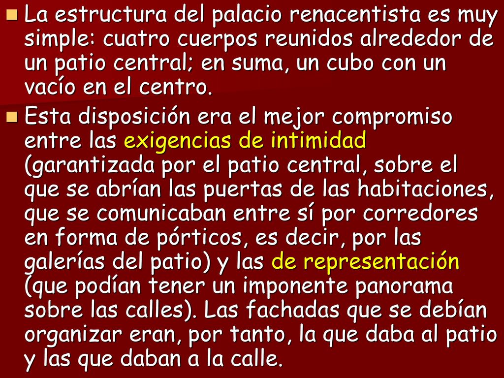 La estructura del palacio renacentista es muy simple: cuatro cuerpos reunidos alrededor de un patio central; en suma, un cubo con un vacío en el centro.