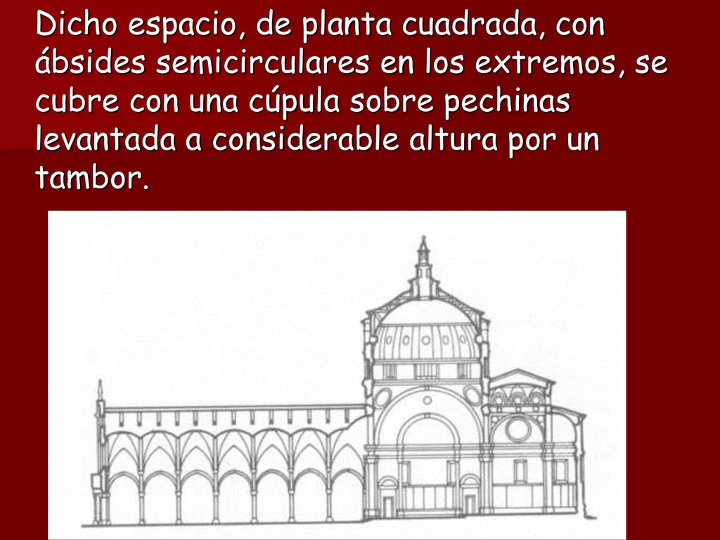 Dicho espacio, de planta cuadrada, con ábsides semicirculares en los extremos, se cubre con una cúpula sobre pechinas levantada a considerable altura por un tambor.