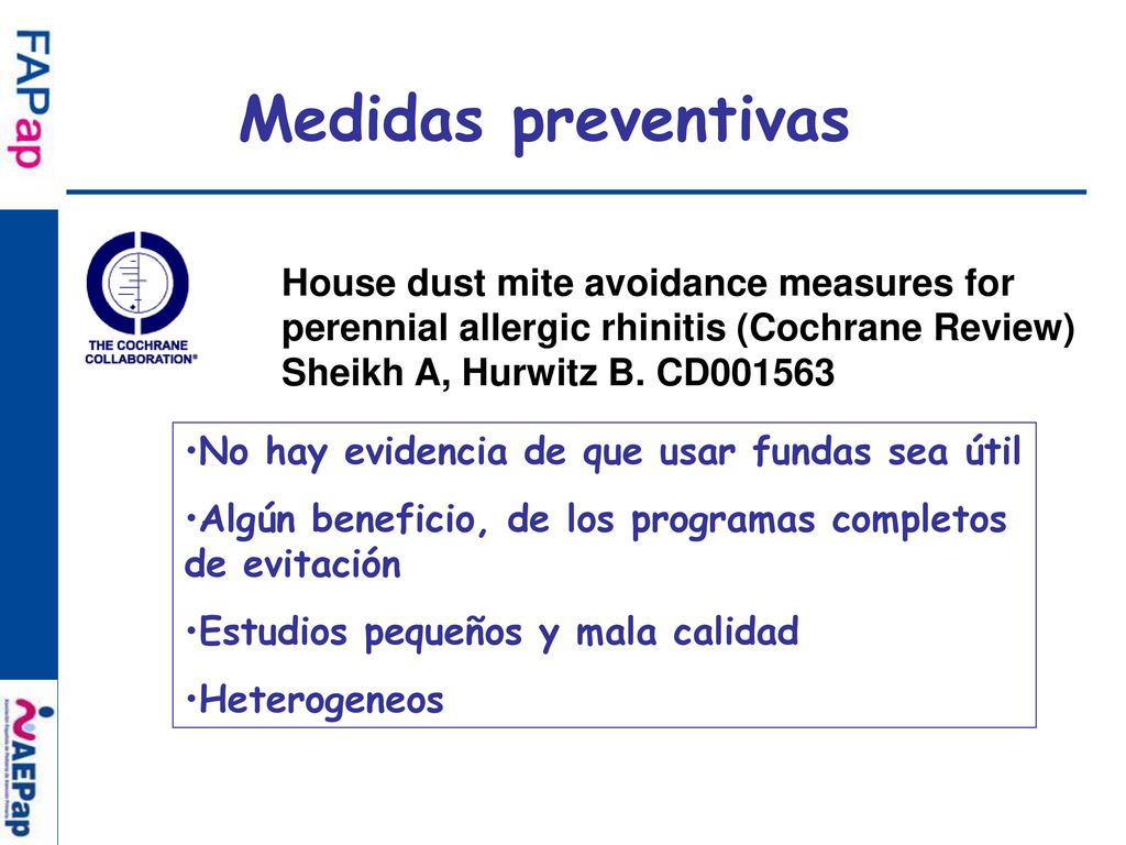 Medidas preventivas House dust mite avoidance measures for perennial allergic rhinitis (Cochrane Review)