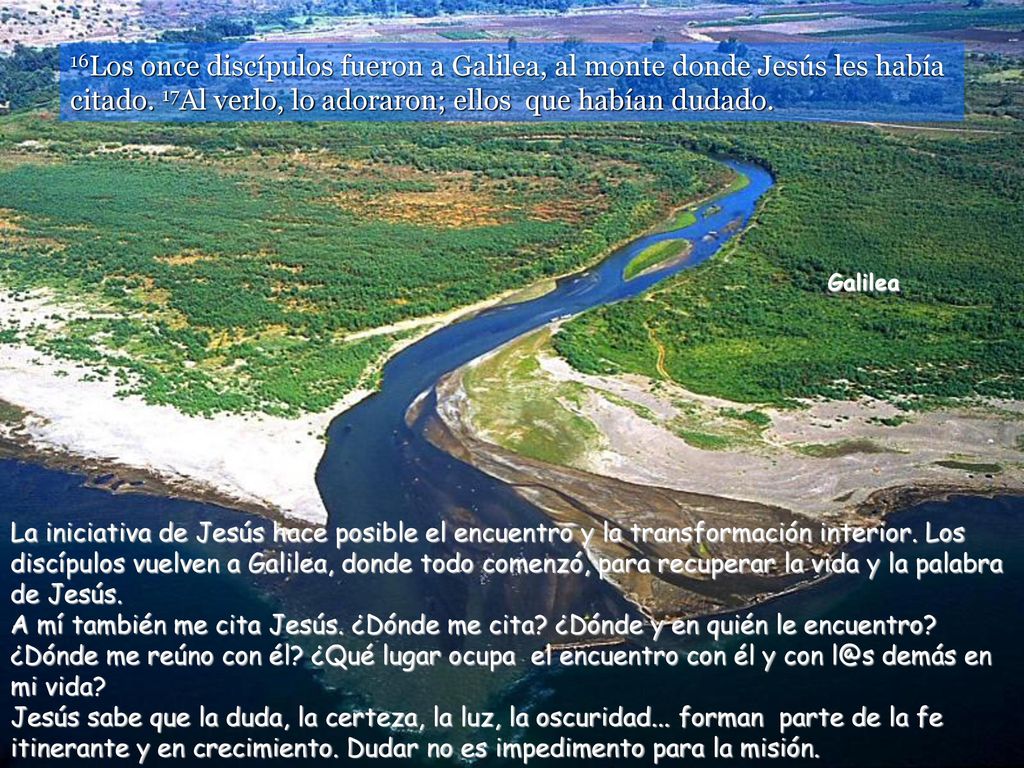 16Los once discípulos fueron a Galilea, al monte donde Jesús les había citado. 17Al verlo, lo adoraron; ellos que habían dudado.