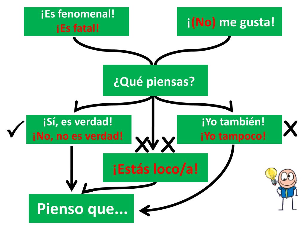  X X X Pienso que... ¡Estás loco/a! ¡(No) me gusta! ¿Qué piensas