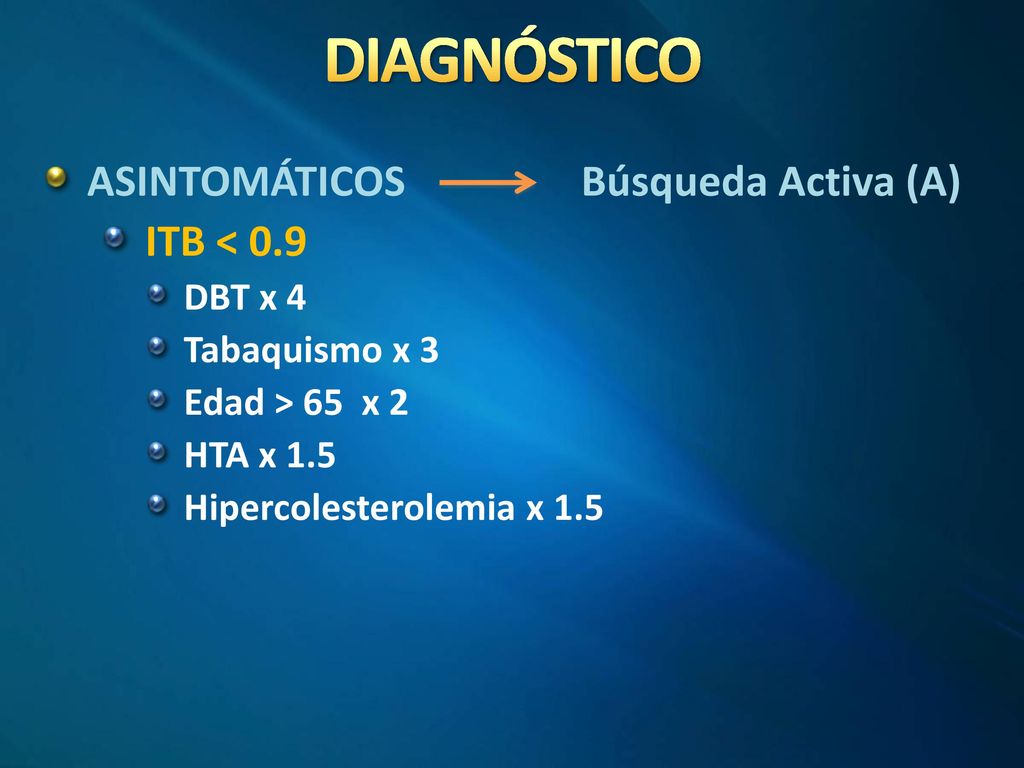 DIAGNÓSTICO ASINTOMÁTICOS Búsqueda Activa (A) ITB < 0.9 DBT x 4