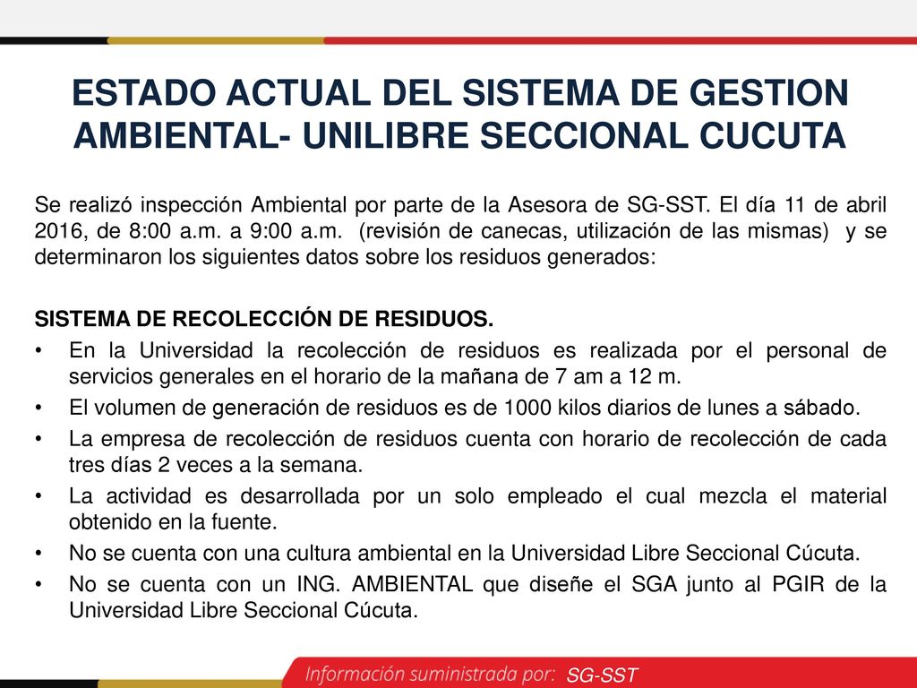 ESTADO ACTUAL DEL SISTEMA DE GESTION AMBIENTAL- UNILIBRE SECCIONAL CUCUTA