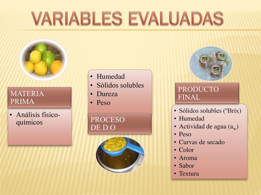 VARIABLES EVALUADAS PRODUCTO FINAL MATERIA PRIMA PROCESO DE D.O