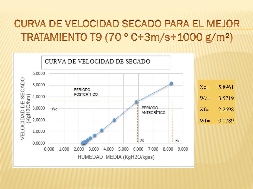 CURVA DE VELOCIDAD SECADO PARA EL MEJOR TRATAMIENTO T9 (70 º C+3m/s+1000 g/m²)