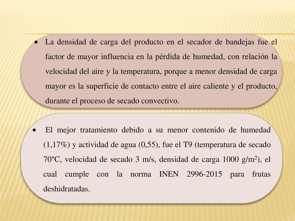 La densidad de carga del producto en el secador de bandejas fue el factor de mayor influencia en la pérdida de humedad, con relación la velocidad del aire y la temperatura, porque a menor densidad de carga mayor es la superficie de contacto entre el aire caliente y el producto, durante el proceso de secado convectivo.