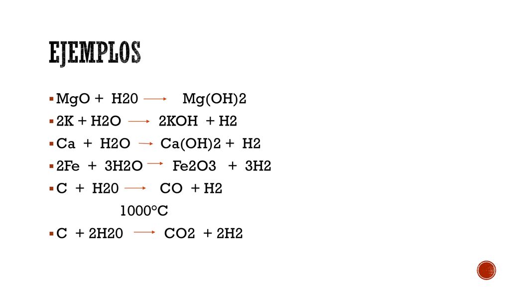 EJEMPLOS MgO + H20 Mg(OH)2 2K + H2O 2KOH + H2 Ca + H2O Ca(OH)2 + H2