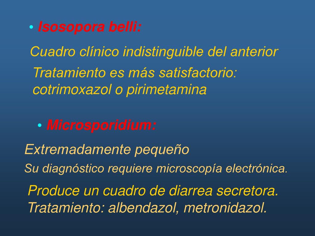 Isosopora belli: Cuadro clínico indistinguible del anterior. Tratamiento es más satisfactorio: cotrimoxazol o pirimetamina.