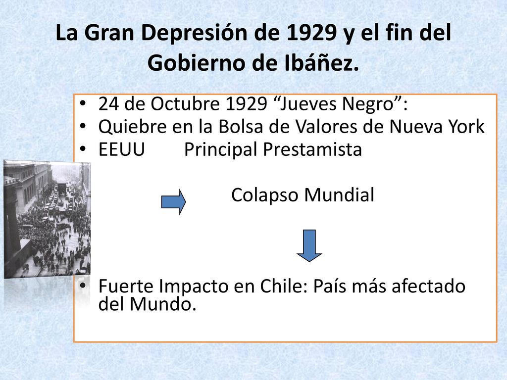 La Gran Depresión de 1929 y el fin del Gobierno de Ibáñez.