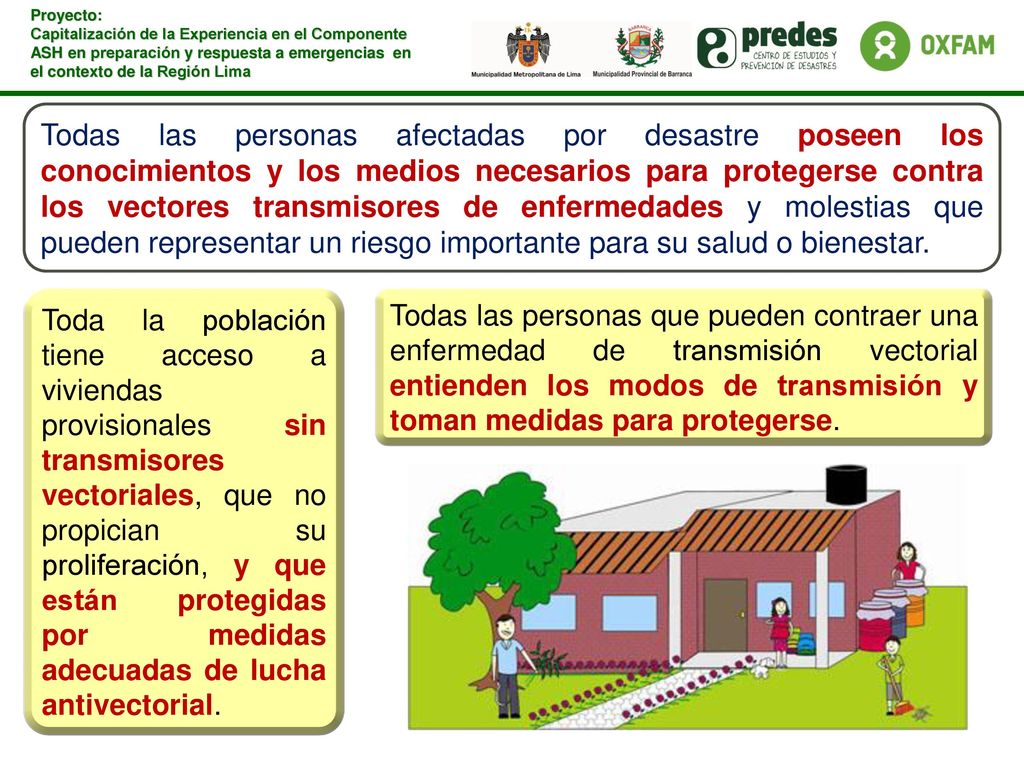Todas las personas afectadas por desastre poseen los conocimientos y los medios necesarios para protegerse contra los vectores transmisores de enfermedades y molestias que pueden representar un riesgo importante para su salud o bienestar.