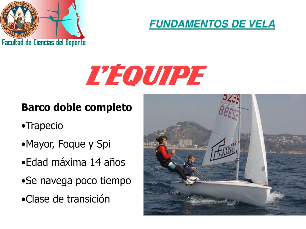 FUNDAMENTOS DE VELA Barco doble completo. Trapecio. Mayor, Foque y Spi. Edad máxima 14 años. Se navega poco tiempo.