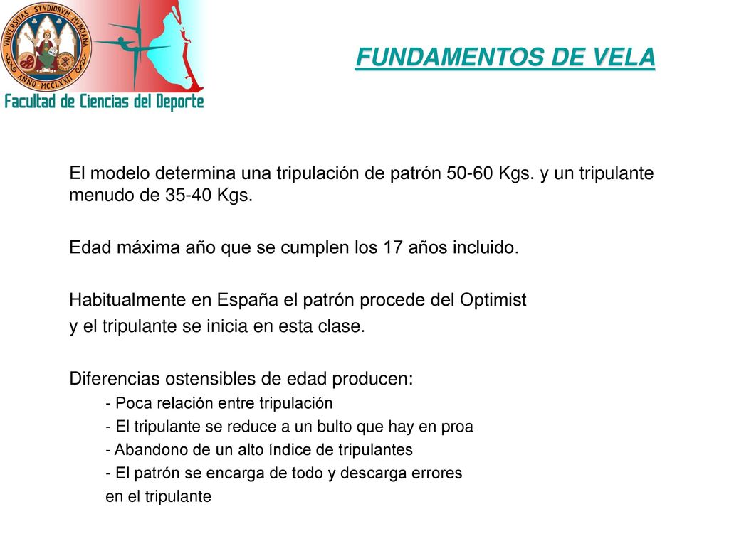 FUNDAMENTOS DE VELA El modelo determina una tripulación de patrón Kgs. y un tripulante menudo de Kgs.