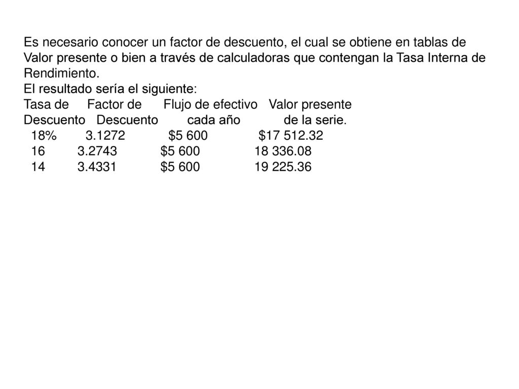 Es necesario conocer un factor de descuento, el cual se obtiene en tablas de Valor presente o bien a través de calculadoras que contengan la Tasa Interna de Rendimiento.