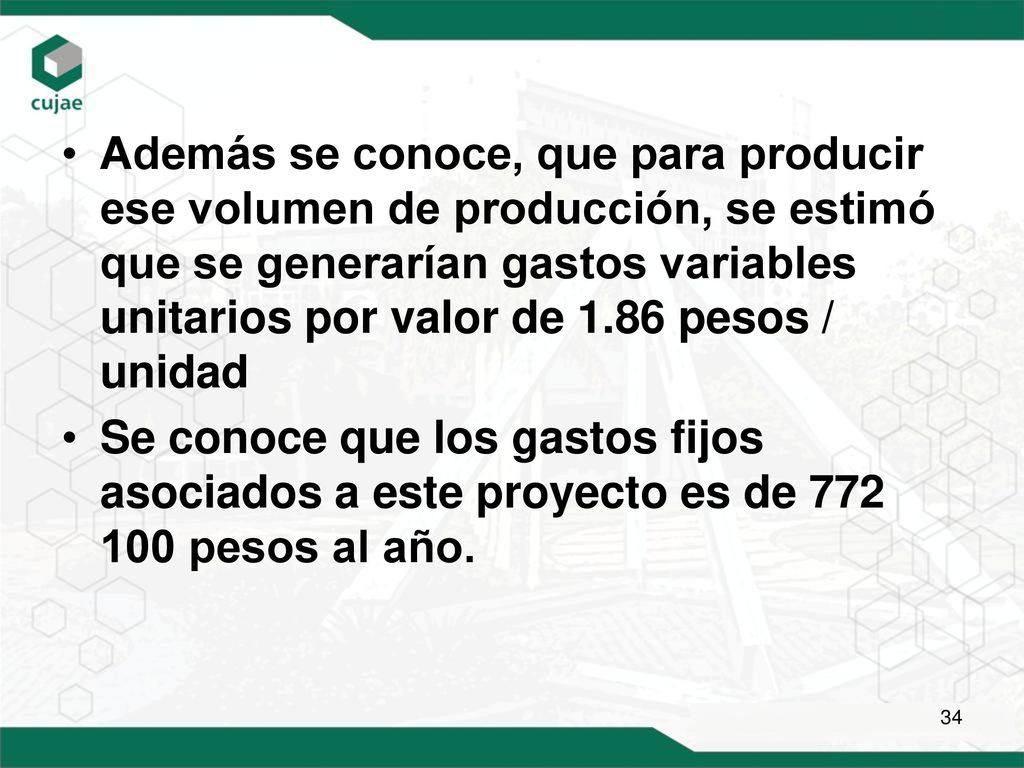 Además se conoce, que para producir ese volumen de producción, se estimó que se generarían gastos variables unitarios por valor de 1.86 pesos / unidad