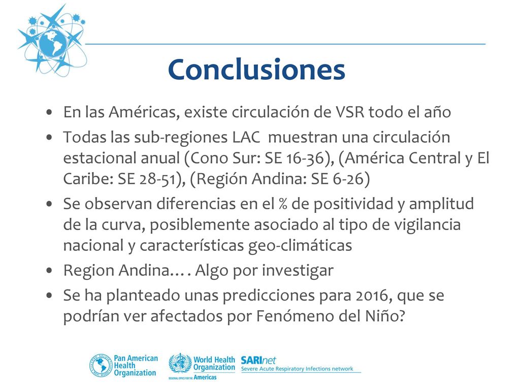 Conclusiones En las Américas, existe circulación de VSR todo el año