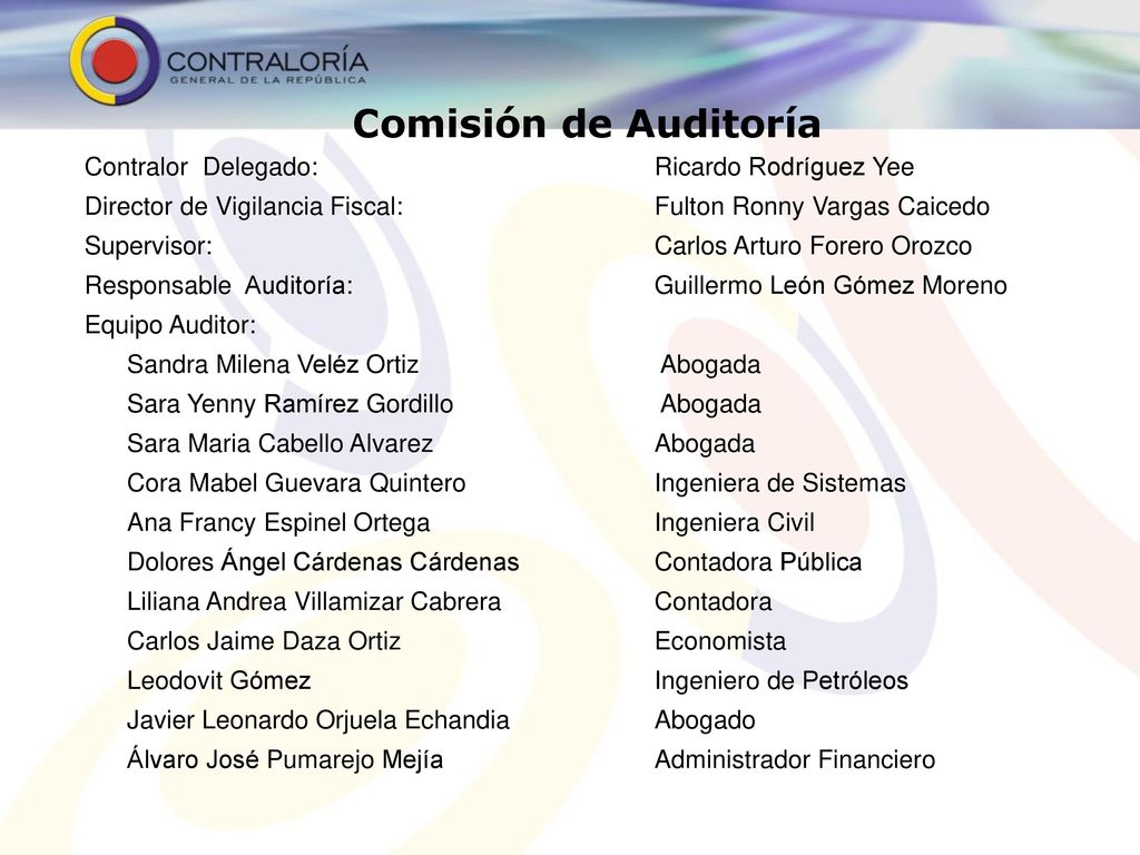 Comisión de Auditoría Contralor Delegado: Ricardo Rodríguez Yee