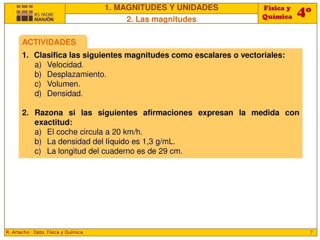1. MAGNITUDES Y UNIDADES 2. Las magnitudes. ACTIVIDADES. Clasifica las siguientes magnitudes como escalares o vectoriales: